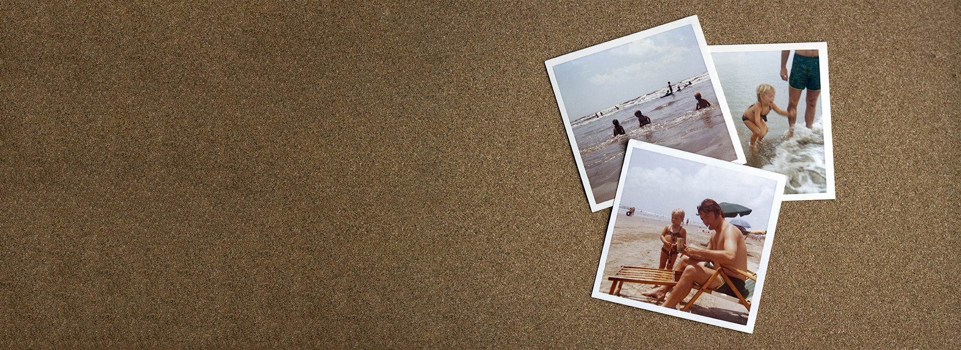 Printed family beach photos on brown background representing convert to digital media by DVD Your Memories South Bay.