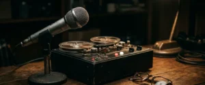 Reel To Reel Tape Speeds Explained A microphone sits in front of rell-to-reel tape system.