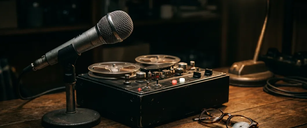 A microphone sits in front of rell-to-reel tape system.